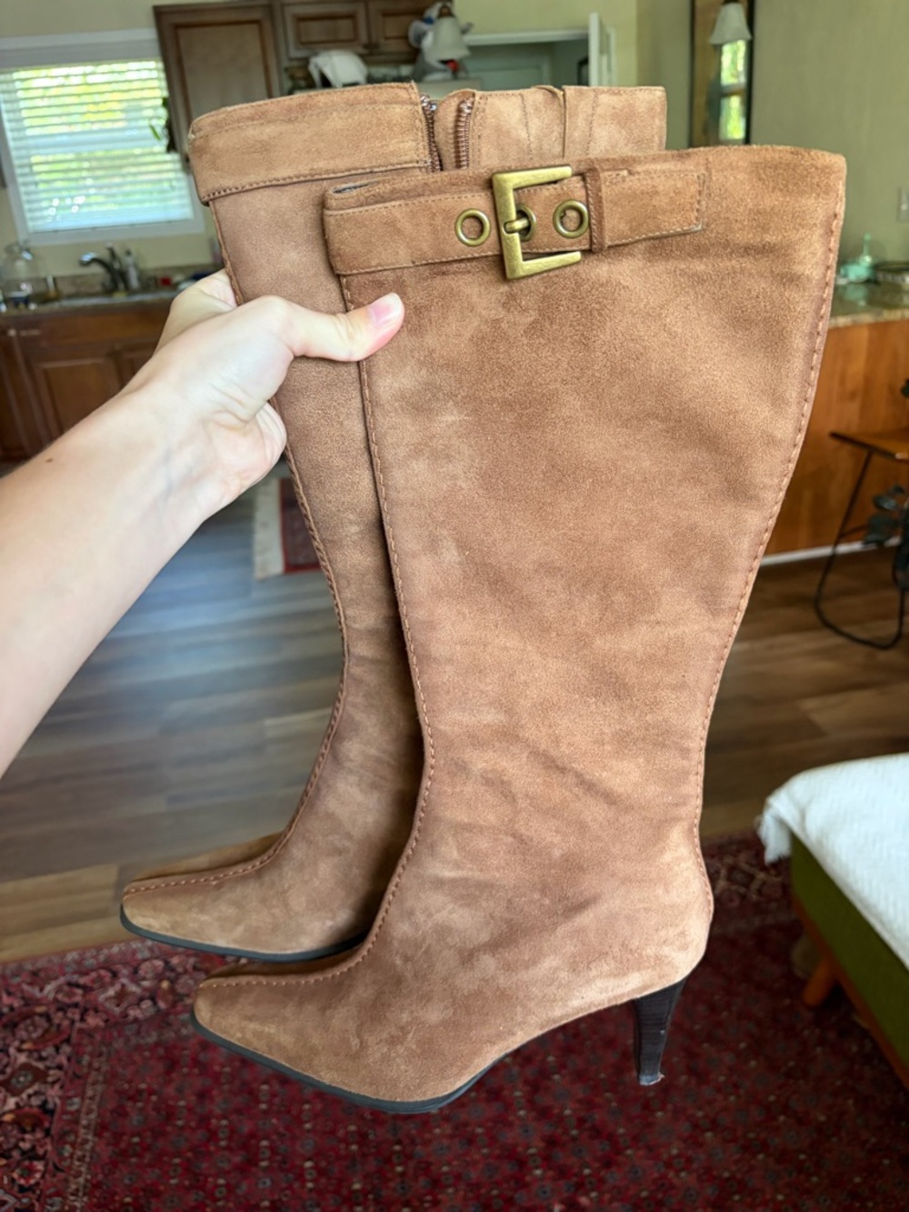 Franco Sarto Tan Suede Knee-High Boots with Buckle Detail